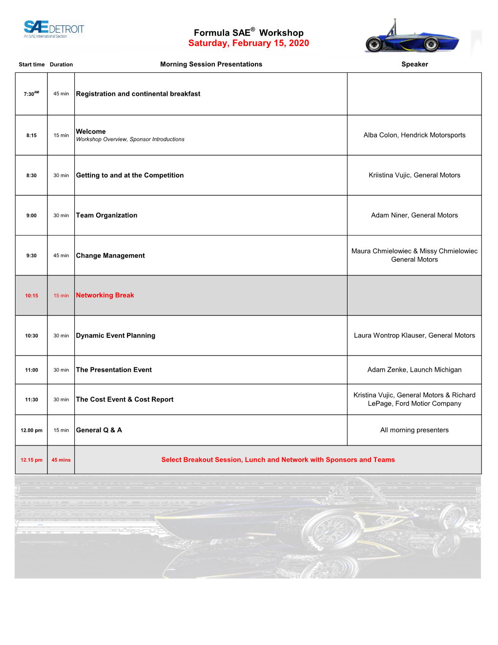 Formula SAE® Workshop Saturday, February 15, 2020