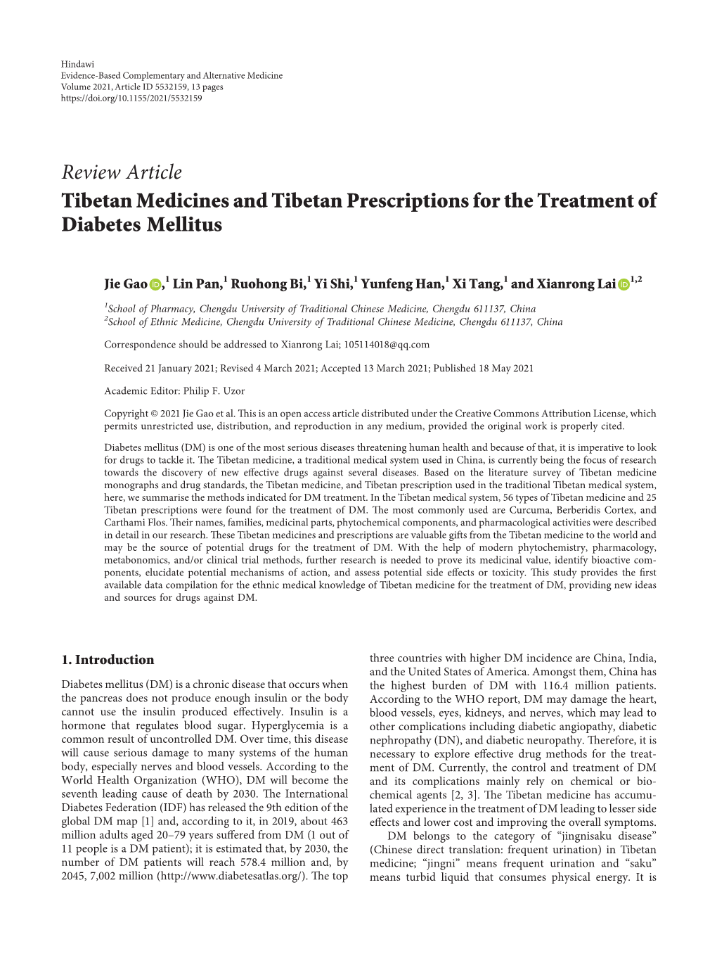 Review Article Tibetan Medicines and Tibetan Prescriptions for the Treatment of Diabetes Mellitus