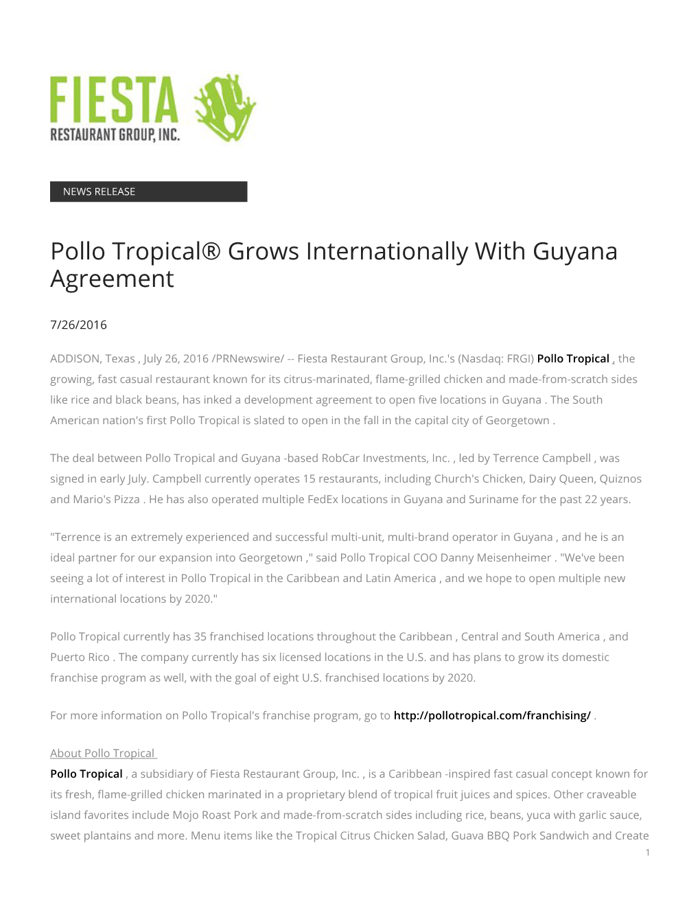 Pollo Tropical® Grows Internationally with Guyana Agreement