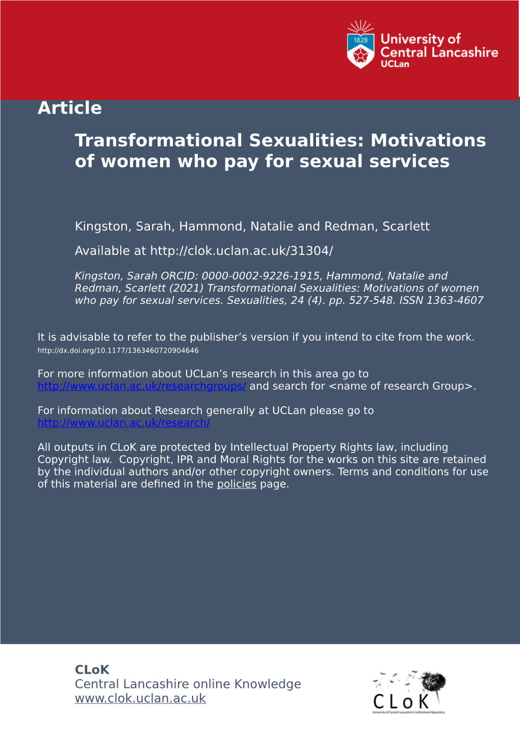 Article Transformational Sexualities: Motivations of Women Who Pay for Sexual Services