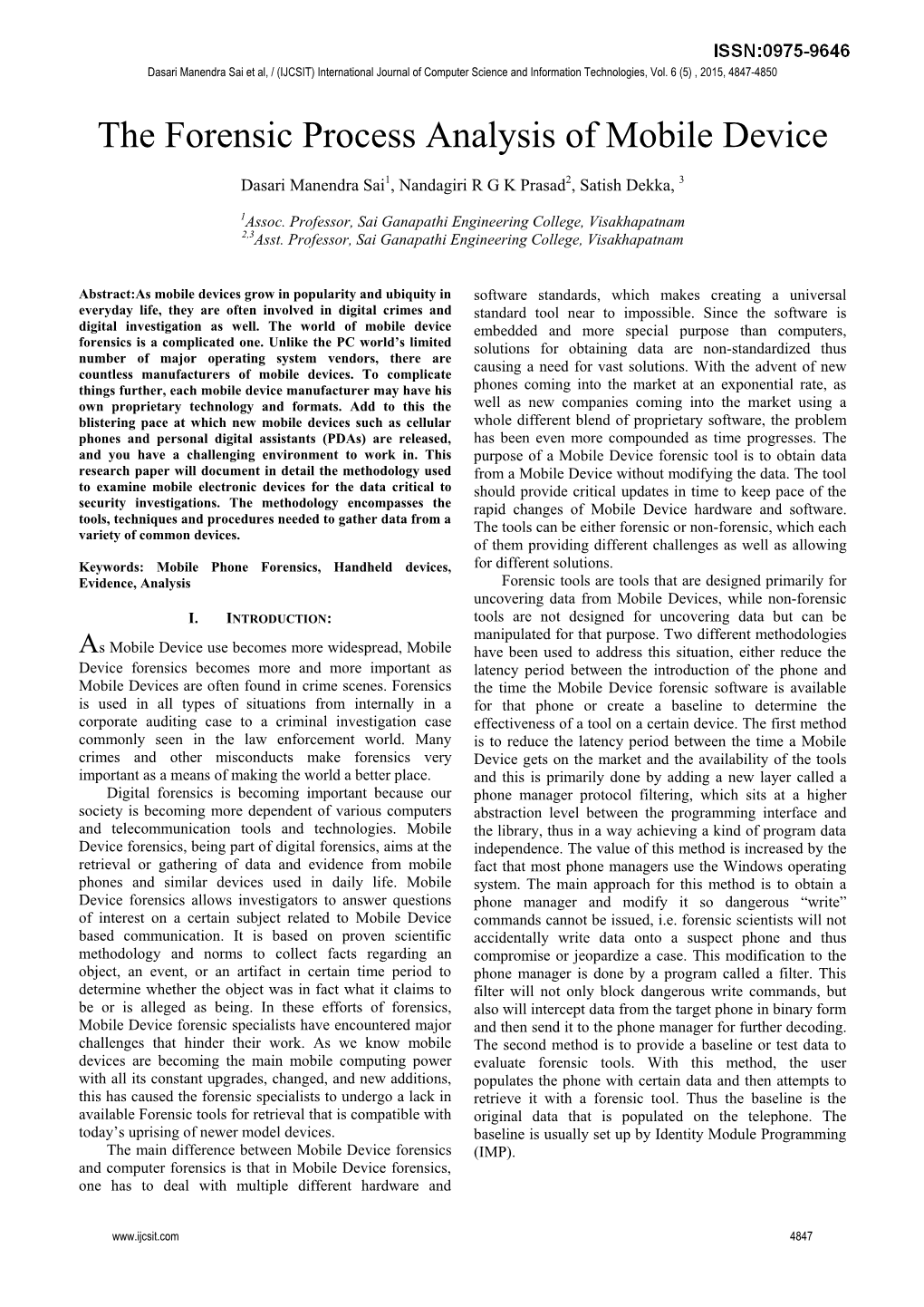 The Forensic Process Analysis of Mobile Device