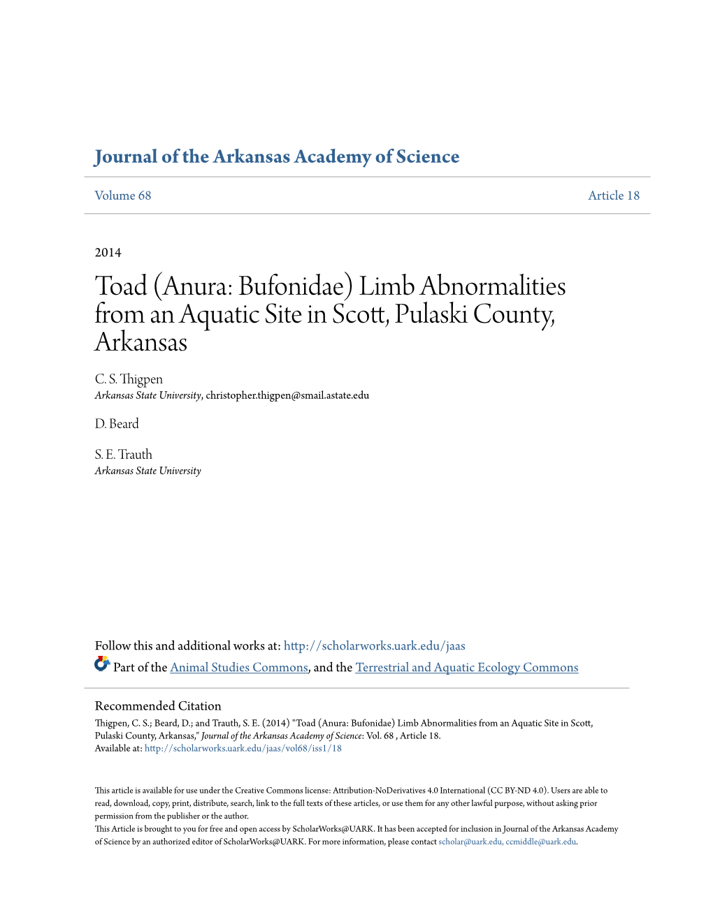 Toad (Anura: Bufonidae) Limb Abnormalities from an Aquatic Site in Scott, Pulaski County, Arkansas C