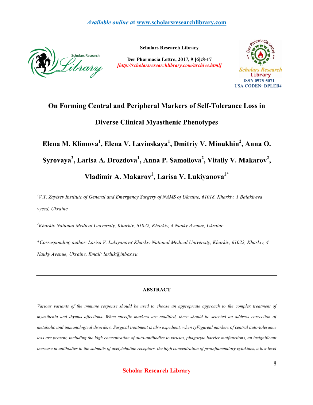 On Forming Central and Peripheral Markers of Self-Tolerance Loss In