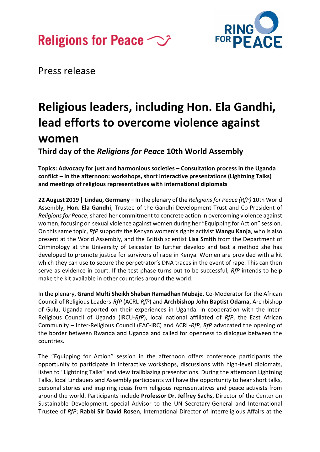 Religious Leaders, Including Hon. Ela Gandhi, Lead Efforts to Overcome Violence Against Women Third Day of the Religions for Peace 10Th World Assembly