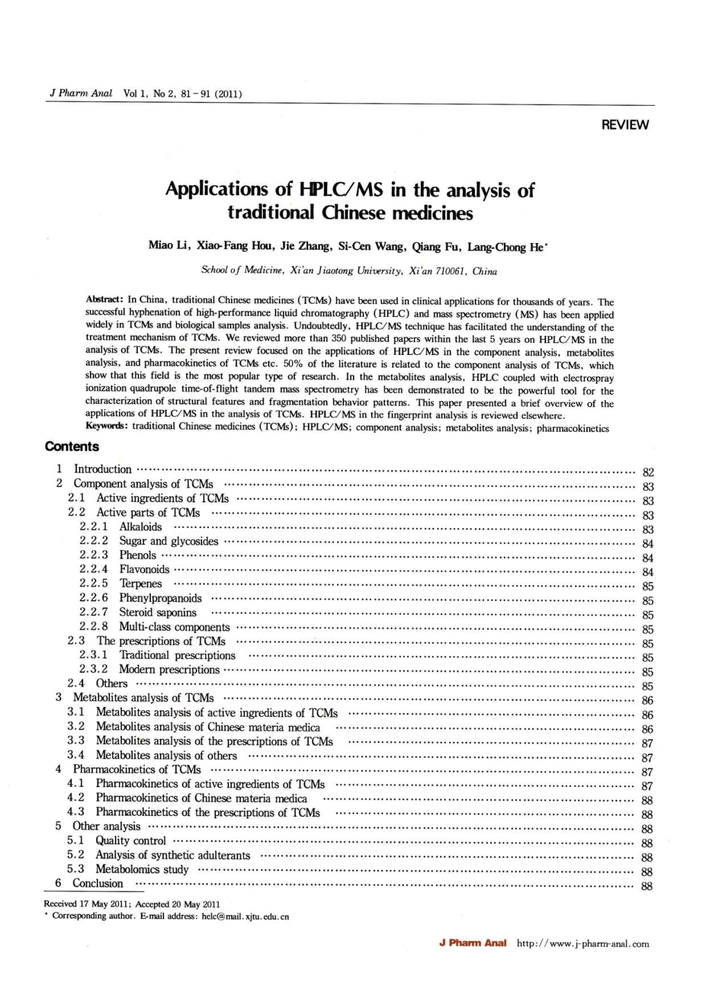 Applications of HPLC/MS in the Analysis of Traditional Chinese Medicines