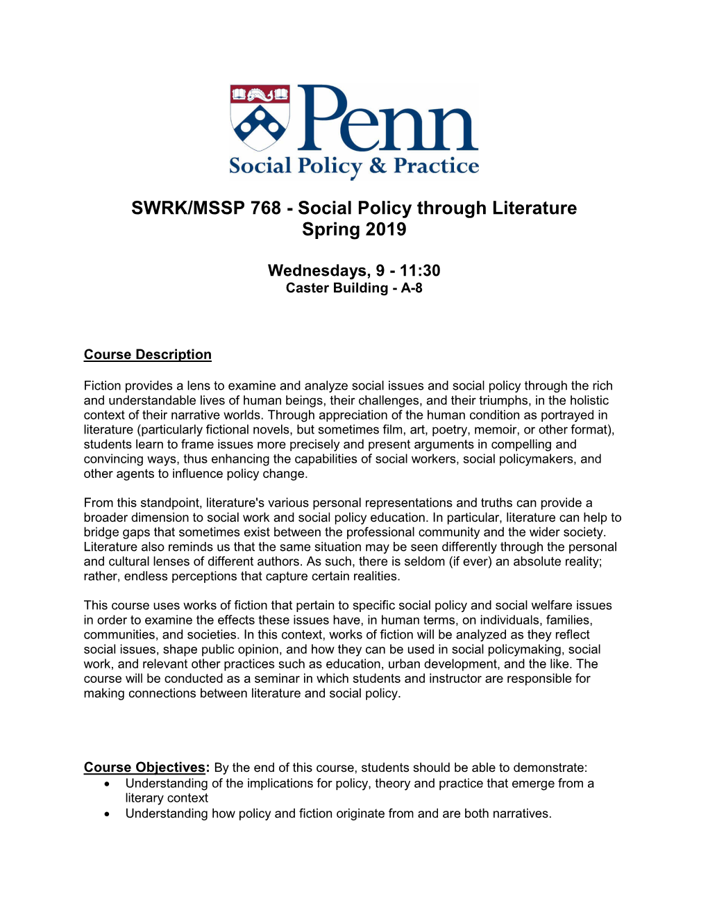 MSSP 768 - Social Policy Through Literature Spring 2019