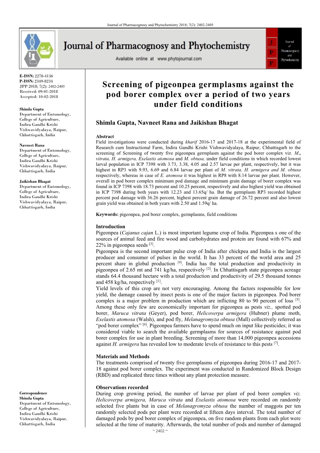 Screening of Pigeonpea Germplasms Against the Pod Borer Complex Over