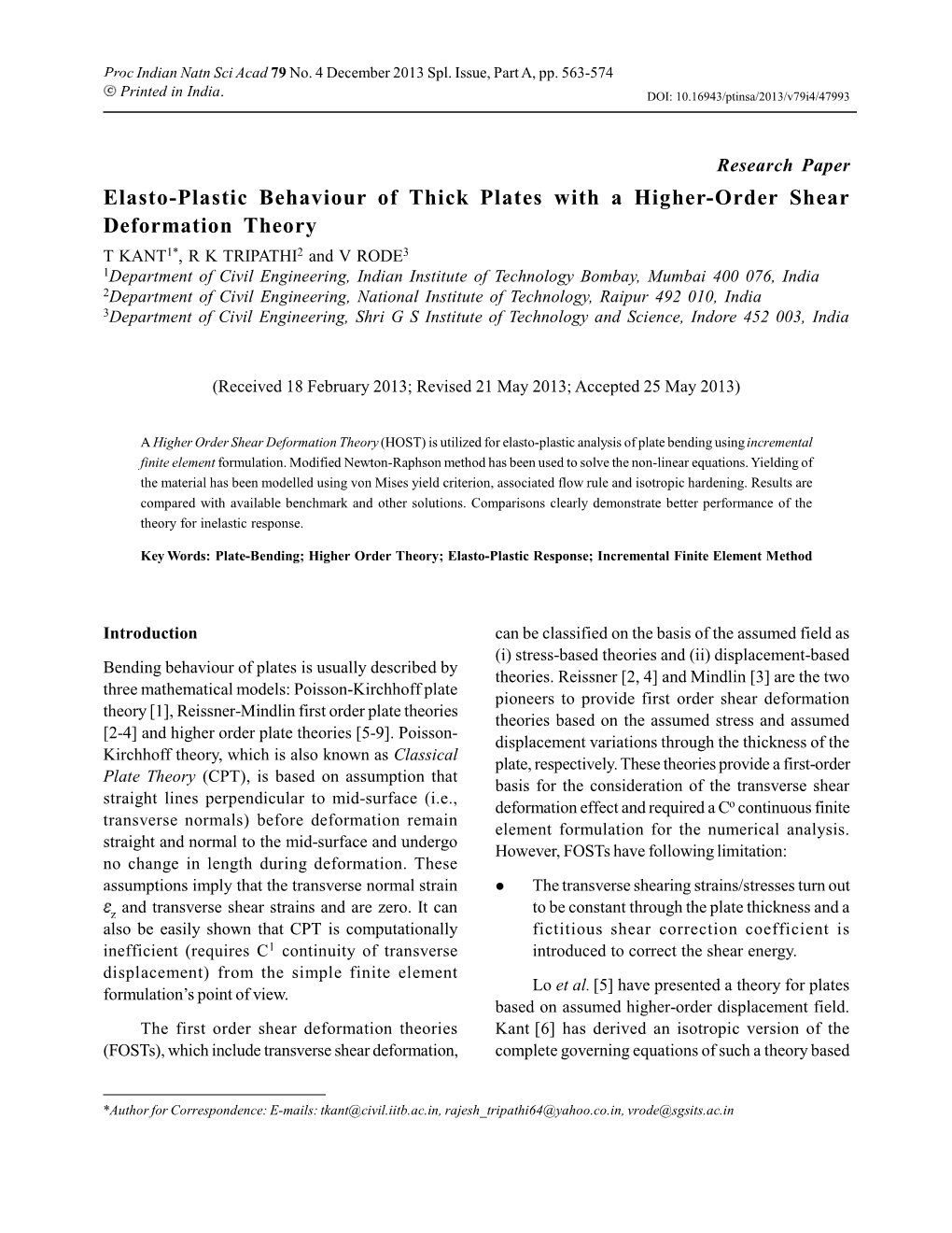 Elasto-Plastic Behaviour of Thick Plates with a Higher-Order Shear