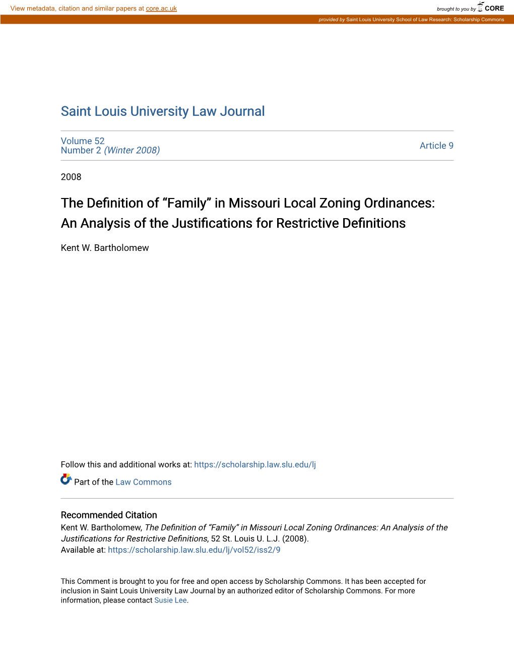 The Definition of “Family” in Missouri Local Zoning Ordinances: an Analysis of the Justifications for Restrictive Definitions