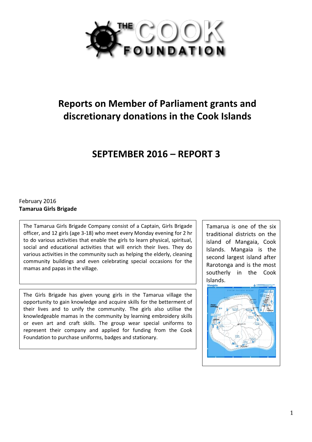 Reports on Member of Parliament Grants and Discretionary Donations in the Cook Islands SEPTEMBER 2016 – REPORT 3