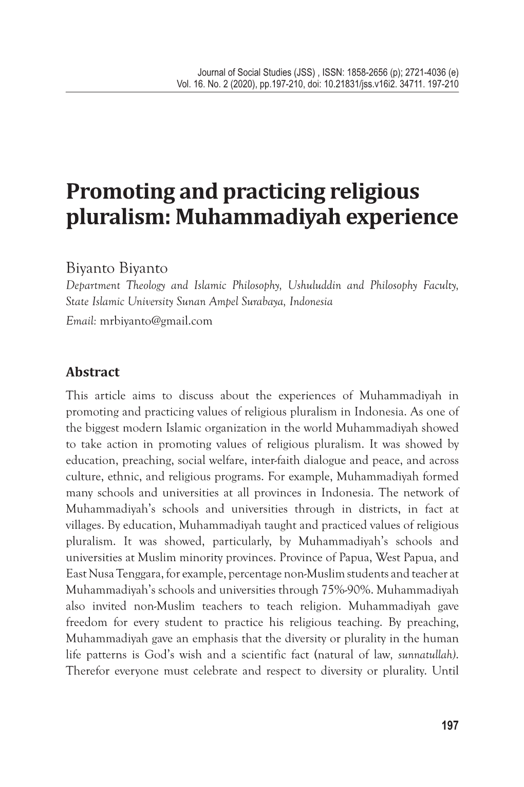 Promoting and Practicing Religious Pluralism: Muhammadiyah Experience
