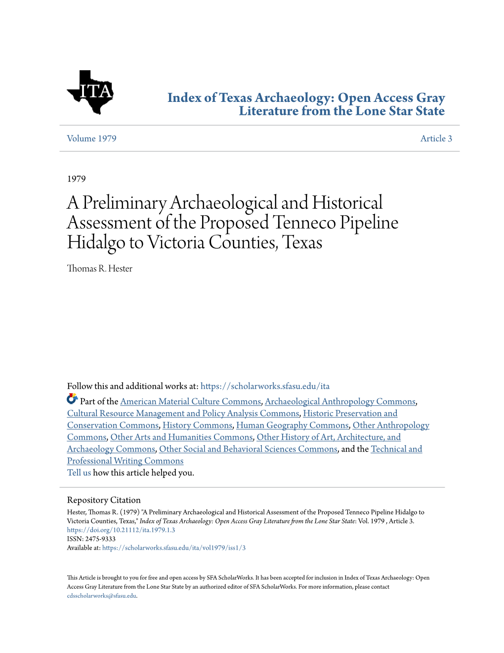 A Preliminary Archaeological and Historical Assessment of the Proposed Tenneco Pipeline Hidalgo to Victoria Counties, Texas Thomas R