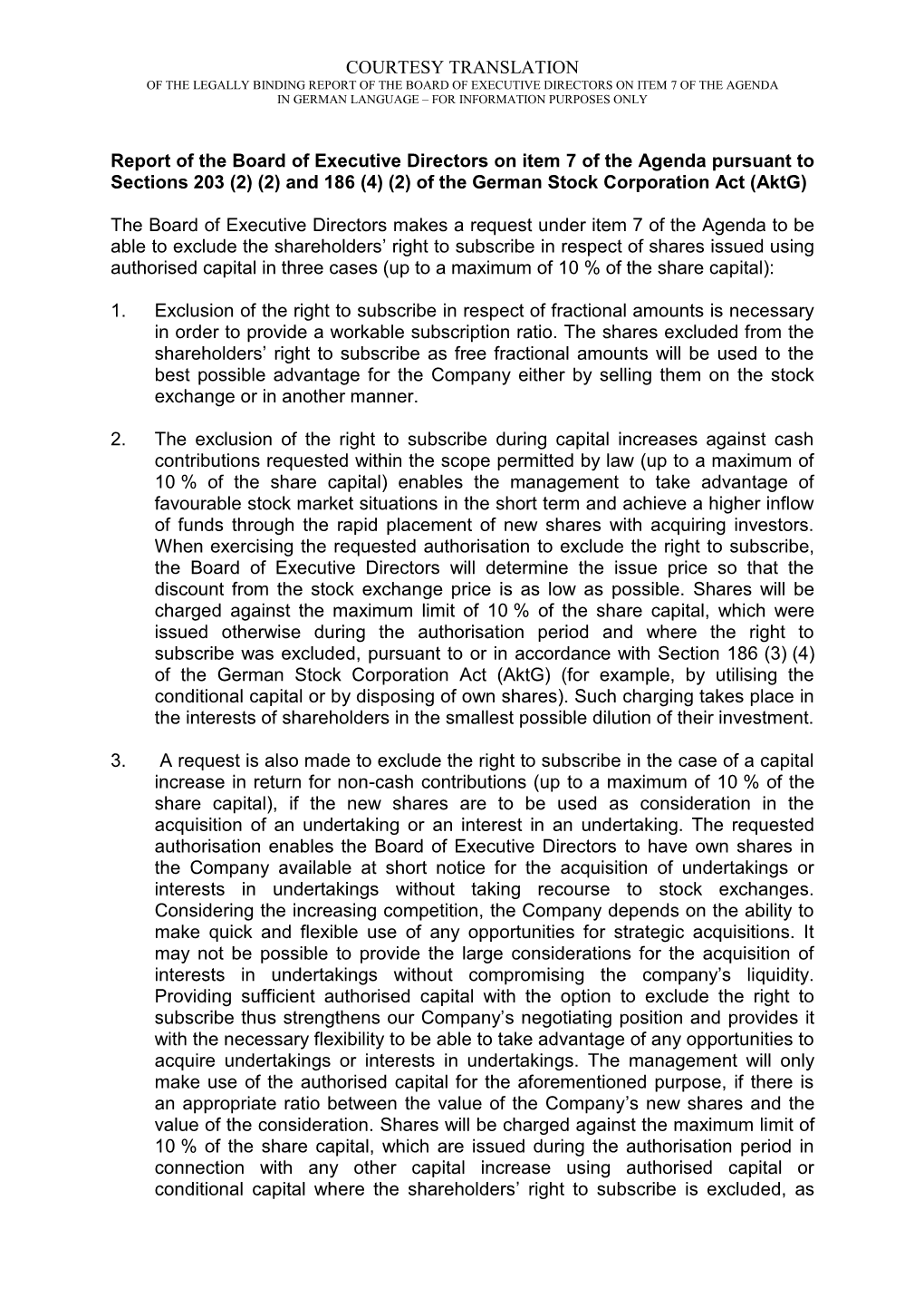 Report of the Board of Executive Directors on Item 7 of the Agenda in German Language – for Information Purposes Only