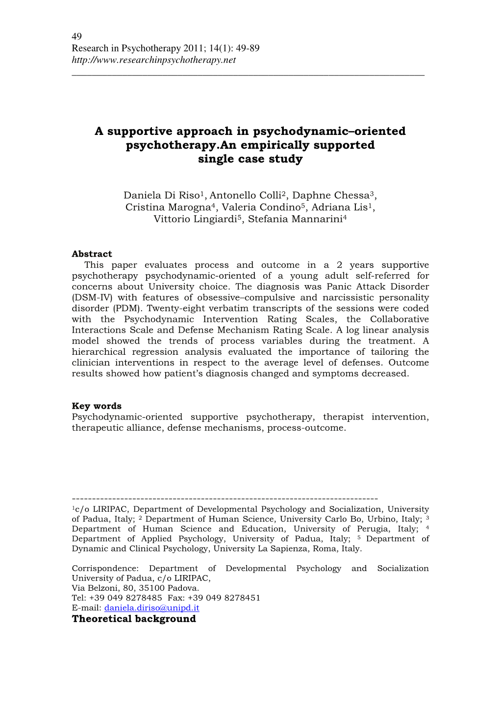 A Supportive Approach in Psychodynamic–Oriented Psychotherapy.An Empirically Supported Single Case Study