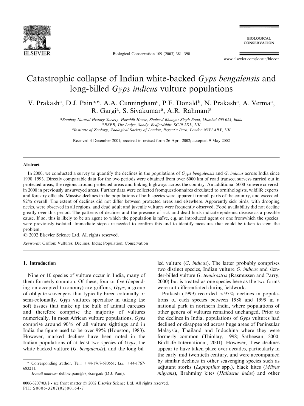 Catastrophic Collapse of Indian White-Backed Gyps Bengalensis and Long-Billed Gyps Indicus Vulture Populations