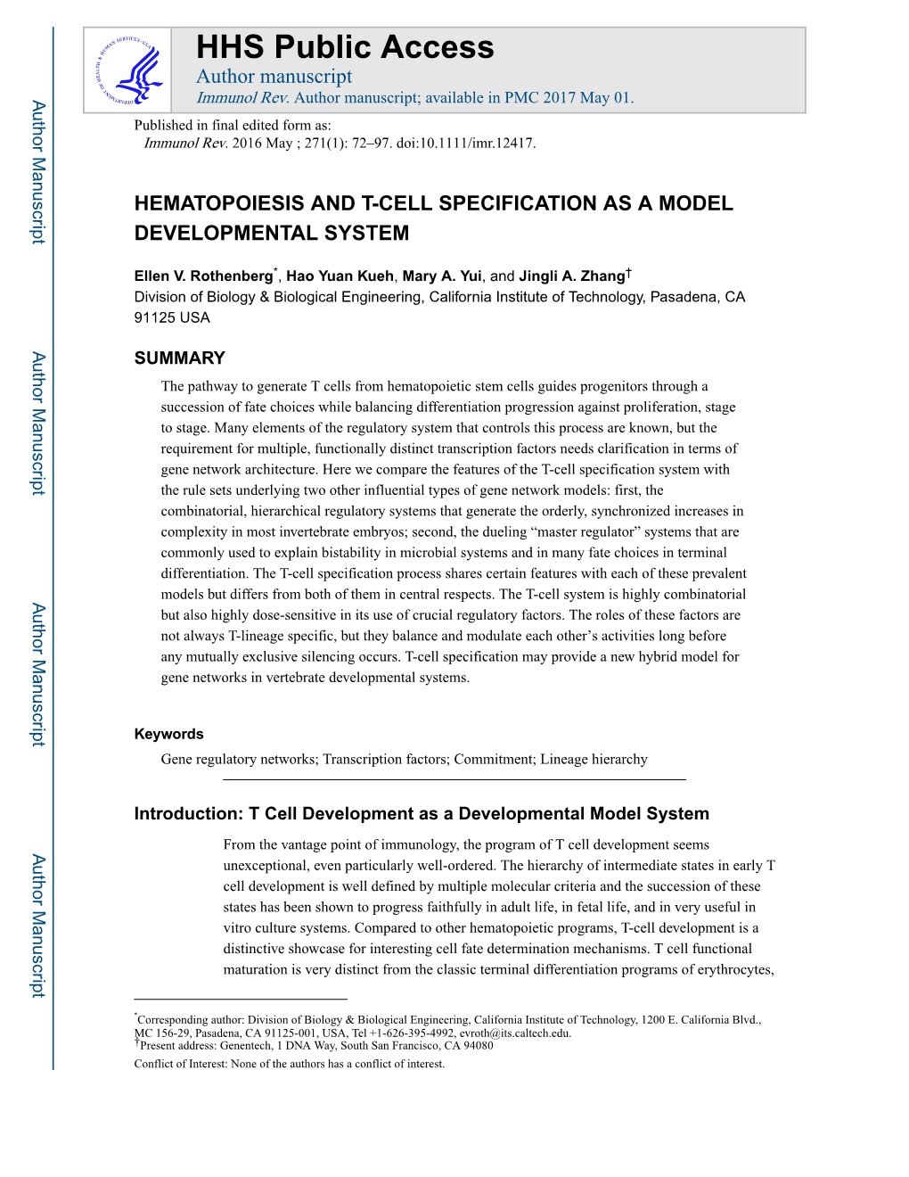 Hematopoiesis and T-Cell Specification As a Model Developmental System