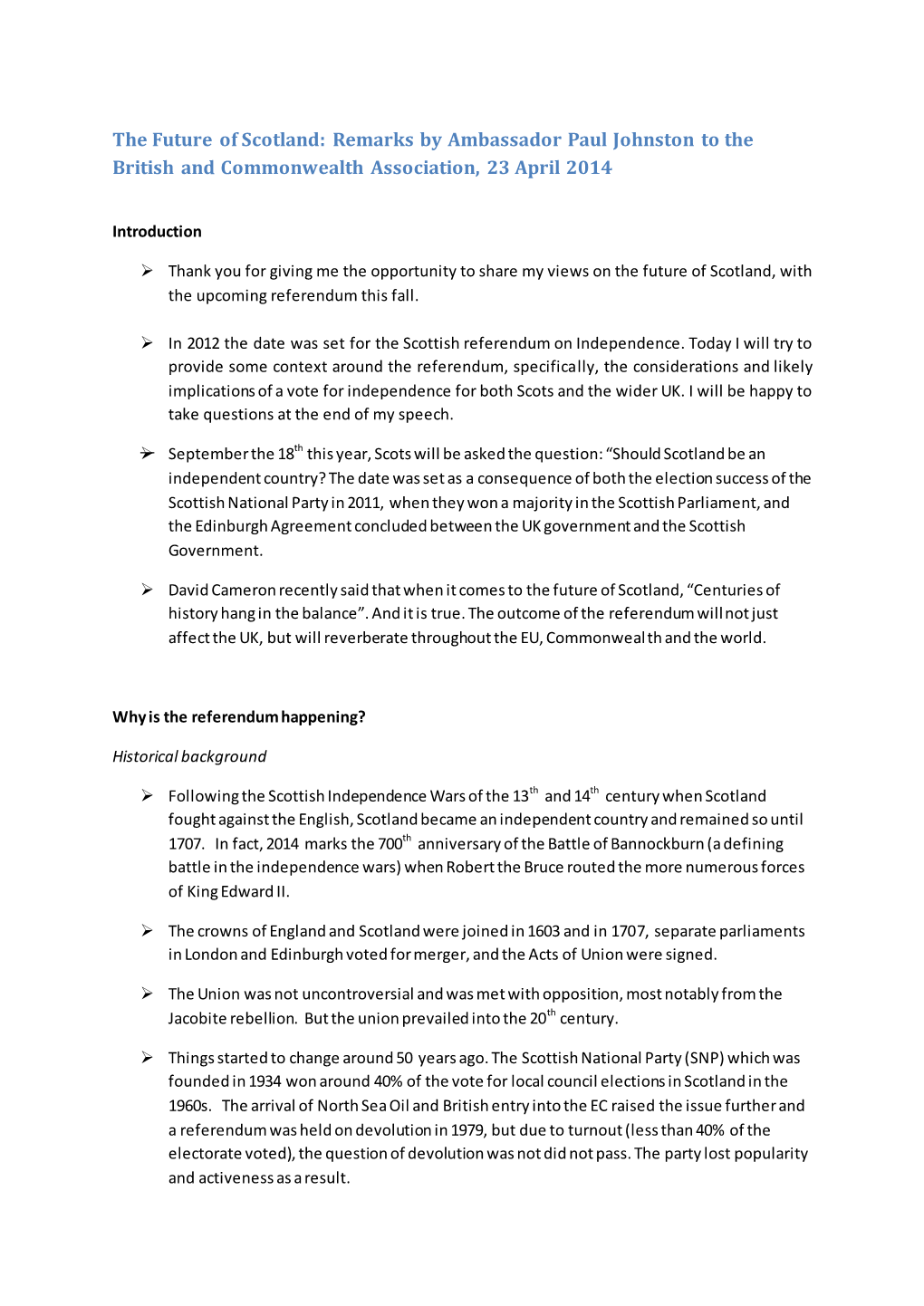 The Future of Scotland: Remarks by Ambassador Paul Johnston to the British and Commonwealth Association, 23 April 2014