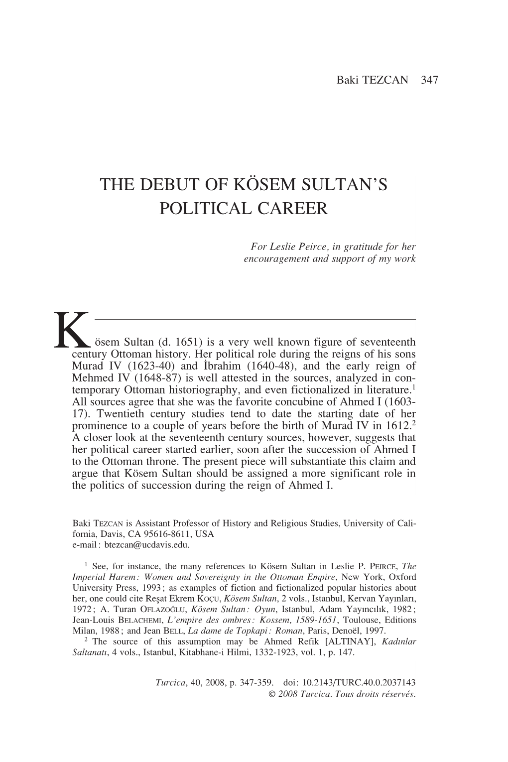 The Debut of Kösem Sultan's Political Career