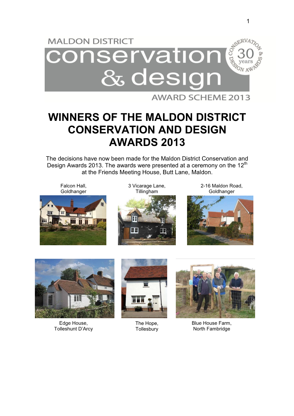 Winners of the Maldon District Conservation and Design Awards 2013