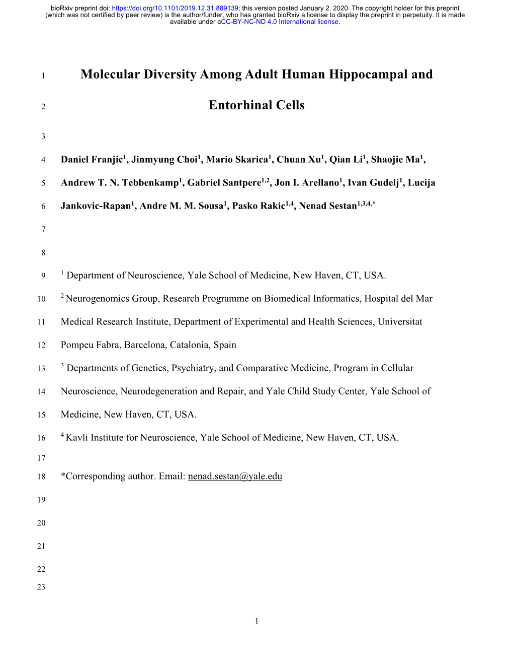 Molecular Diversity Among Adult Human Hippocampal And