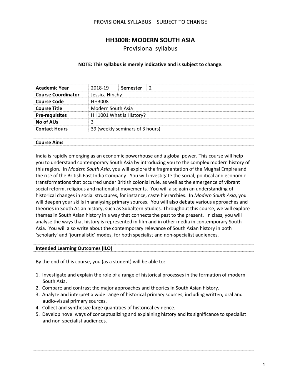 MODERN SOUTH ASIA Provisional Syllabus