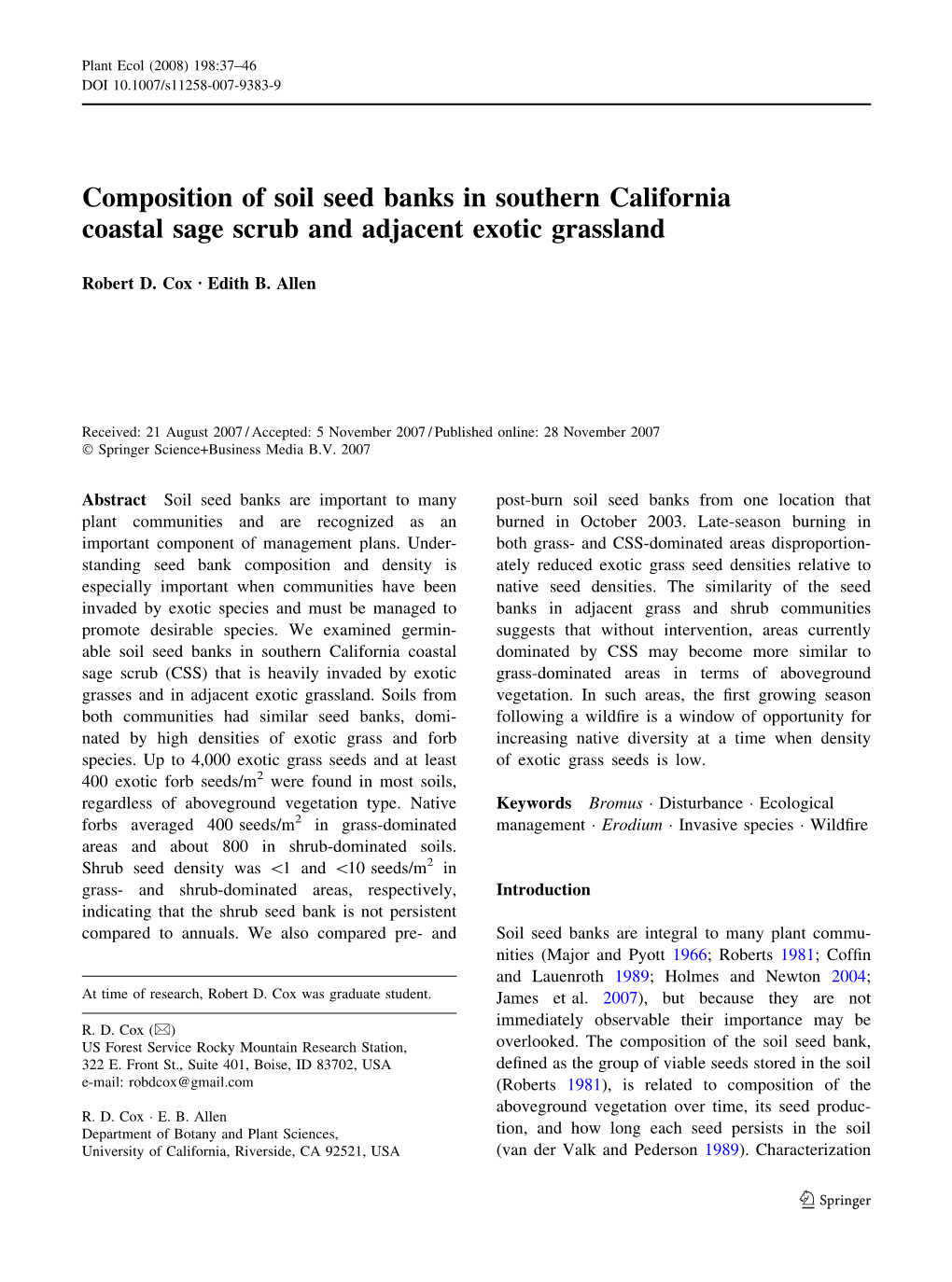 Composition of Soil Seed Banks in Southern California Coastal Sage Scrub and Adjacent Exotic Grassland