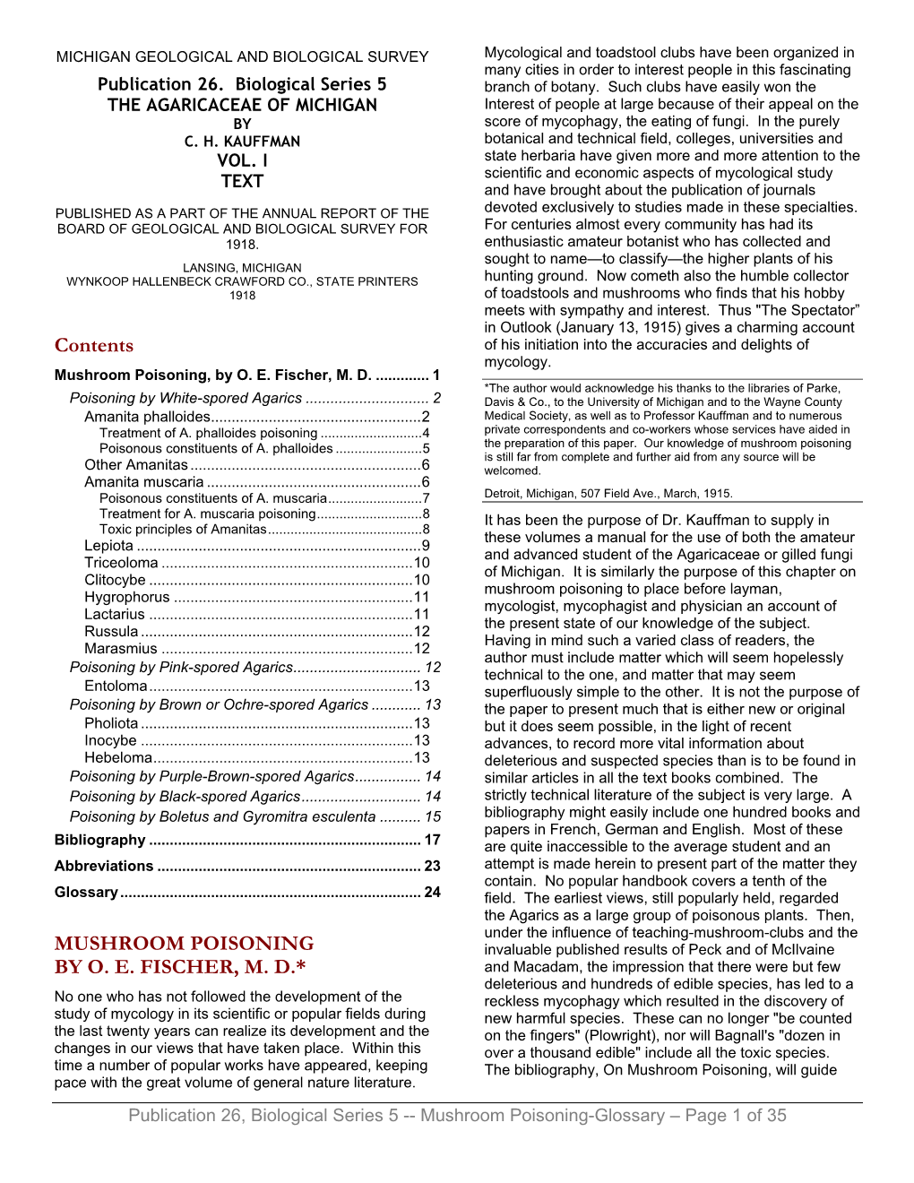 Contents MUSHROOM POISONING by O. E. FISCHER, M