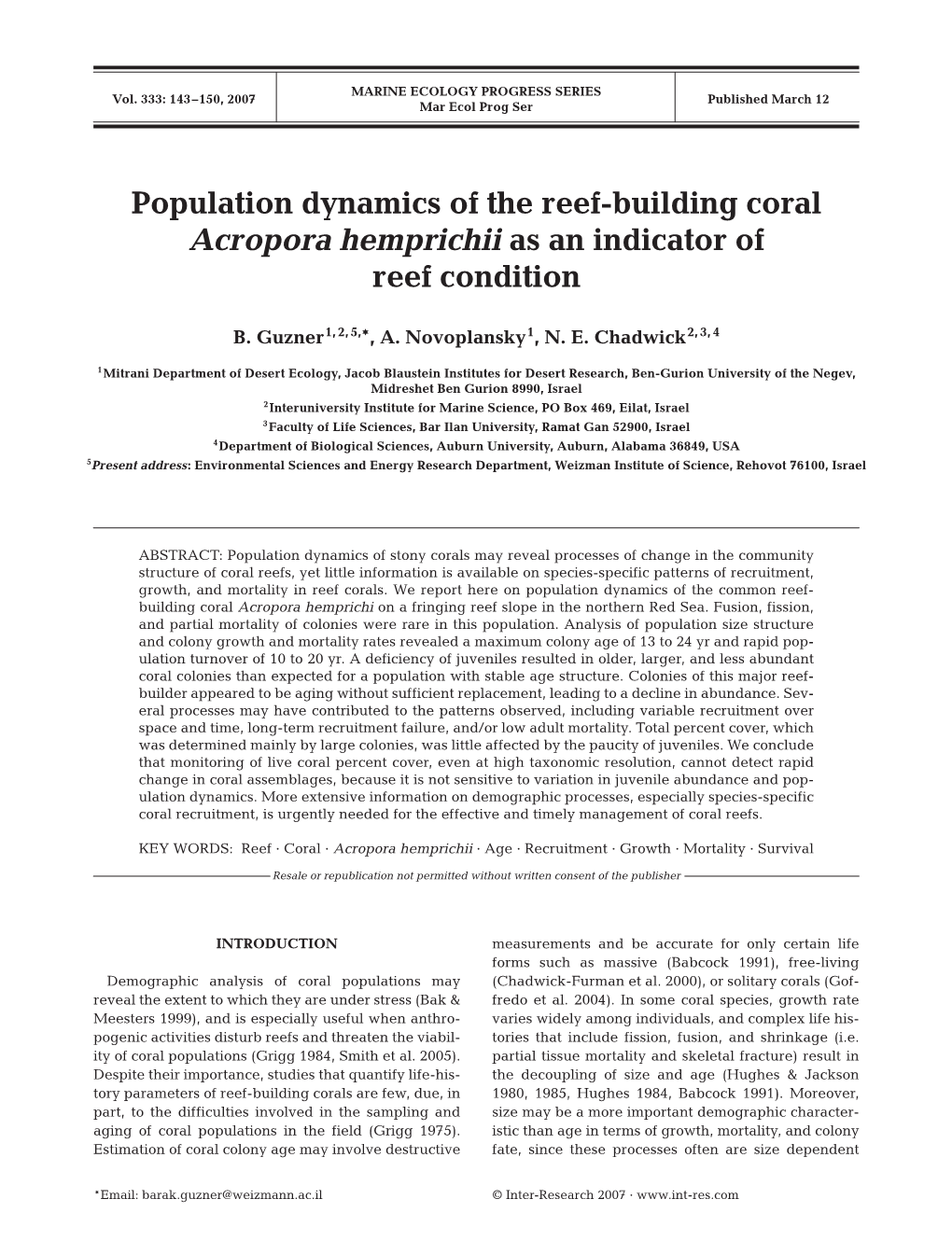 Population Dynamics of the Reef-Building Coral Acropora Hemprichii As an Indicator of Reef Condition