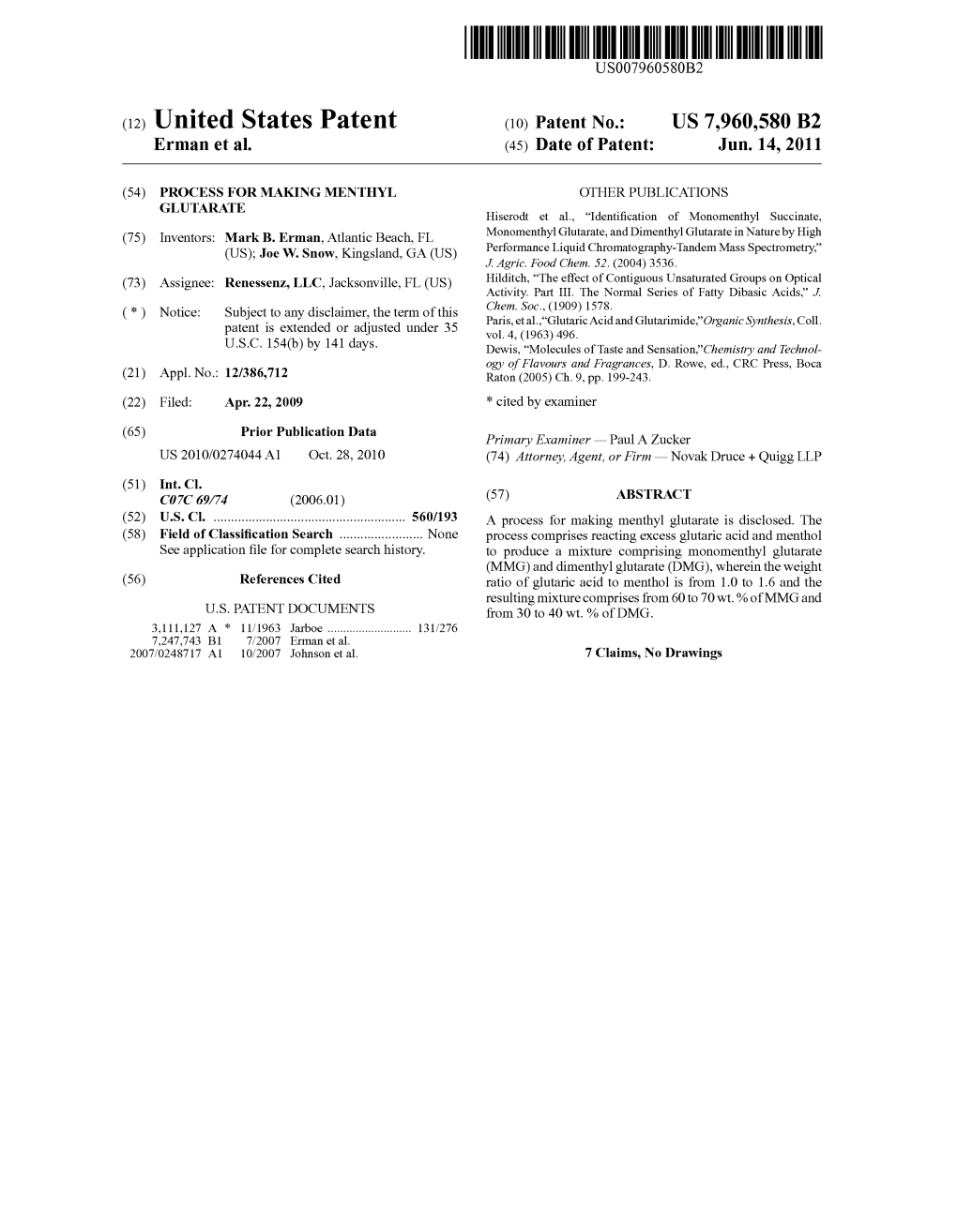 (12) United States Patent (10) Patent No.: US 7,960,580 B2 Erman Et Al