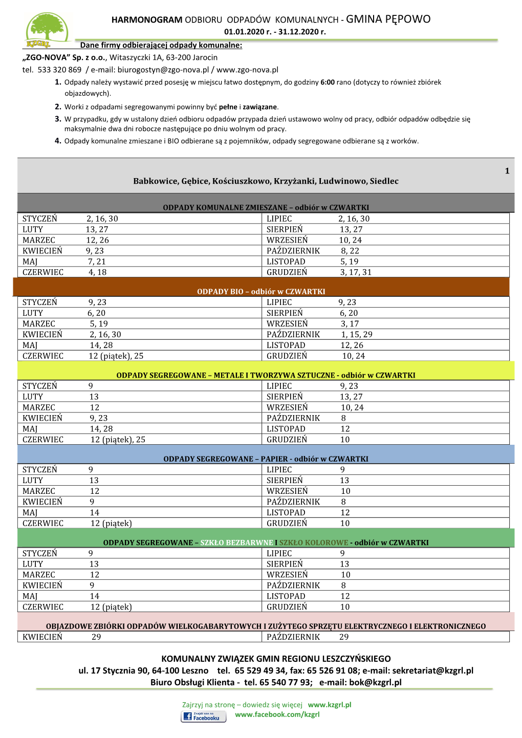 HARMONOGRAM ODBIORU ODPADÓW KOMUNALNYCH - GMINA PĘPOWO 01.01.2020 R