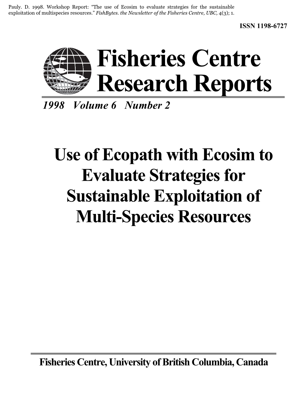 Fisheries Centre Research Reports 1998 Volume 6 Number 2