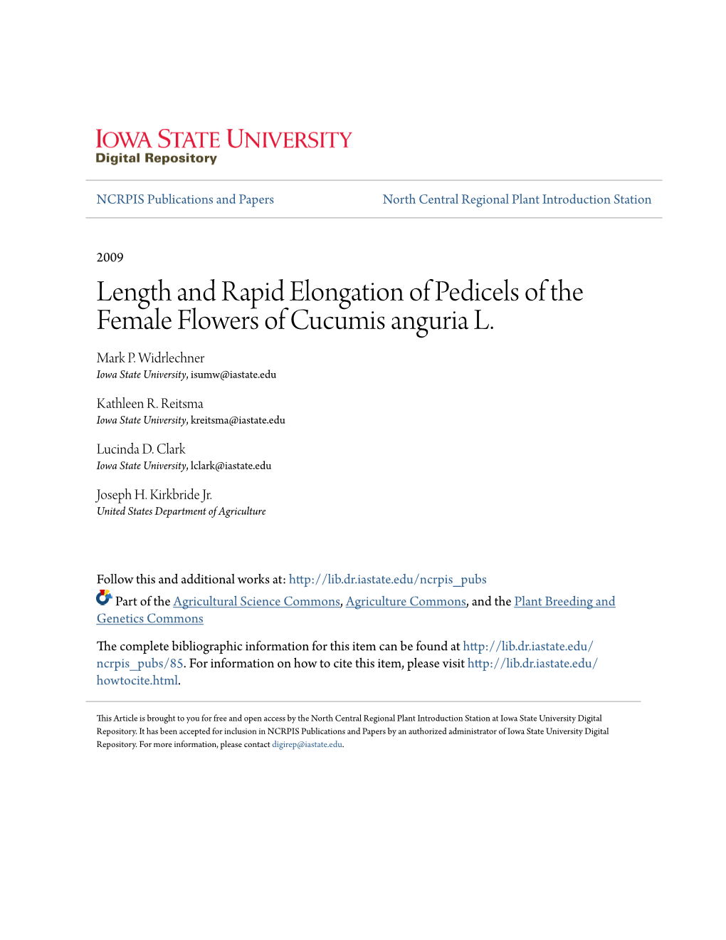 Length and Rapid Elongation of Pedicels of the Female Flowers of Cucumis Anguria L. Mark P