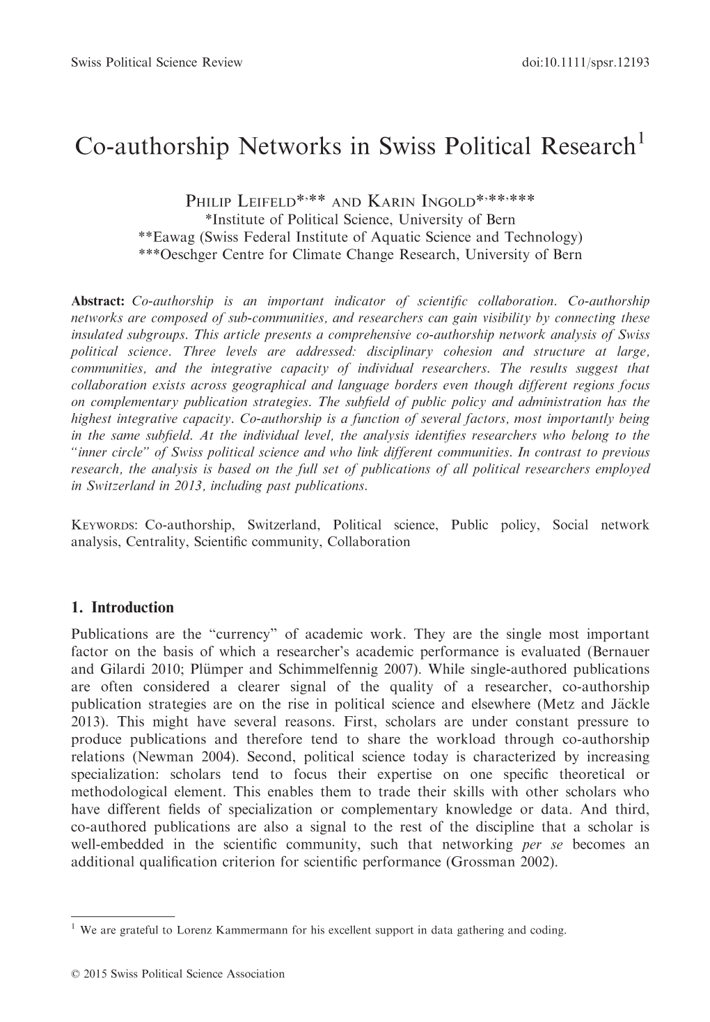 Authorship Networks in Swiss Political Research1