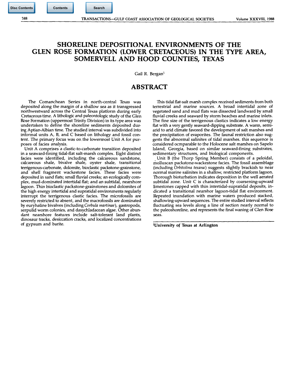 Shoreline Depositional Environments of the Glen Rose Formation (Lower Cretaceous) in the Type Area, Somervell and Hood Counties, Texas