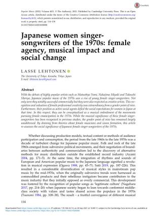 Japanese Women Singer- Songwriters of the 1970S: Female Agency, Musical Impact and Social Change