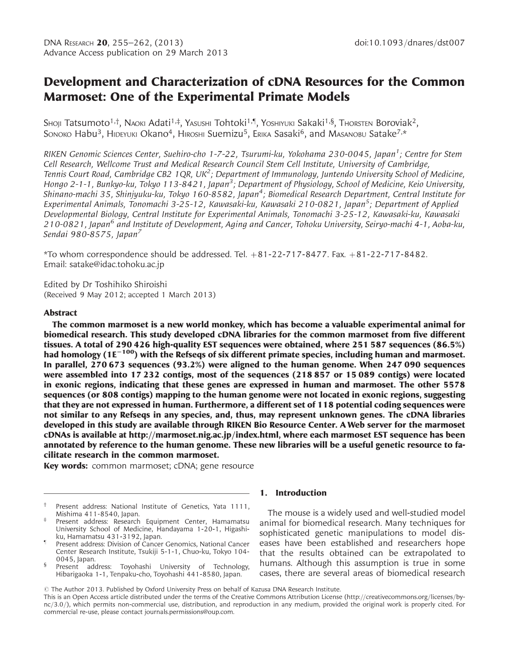 Development and Characterization of Cdna Resources for the Common Marmoset: One of the Experimental Primate Models