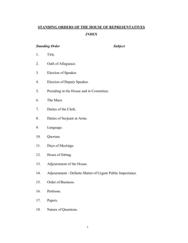Standing Orders of the House of Representatives Index