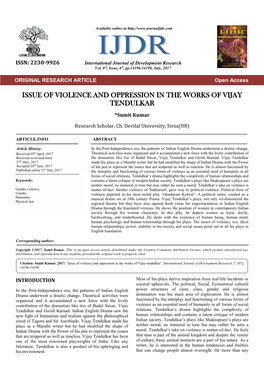 Issue of Violence and Oppression in the Works of Vijay Tendulkar