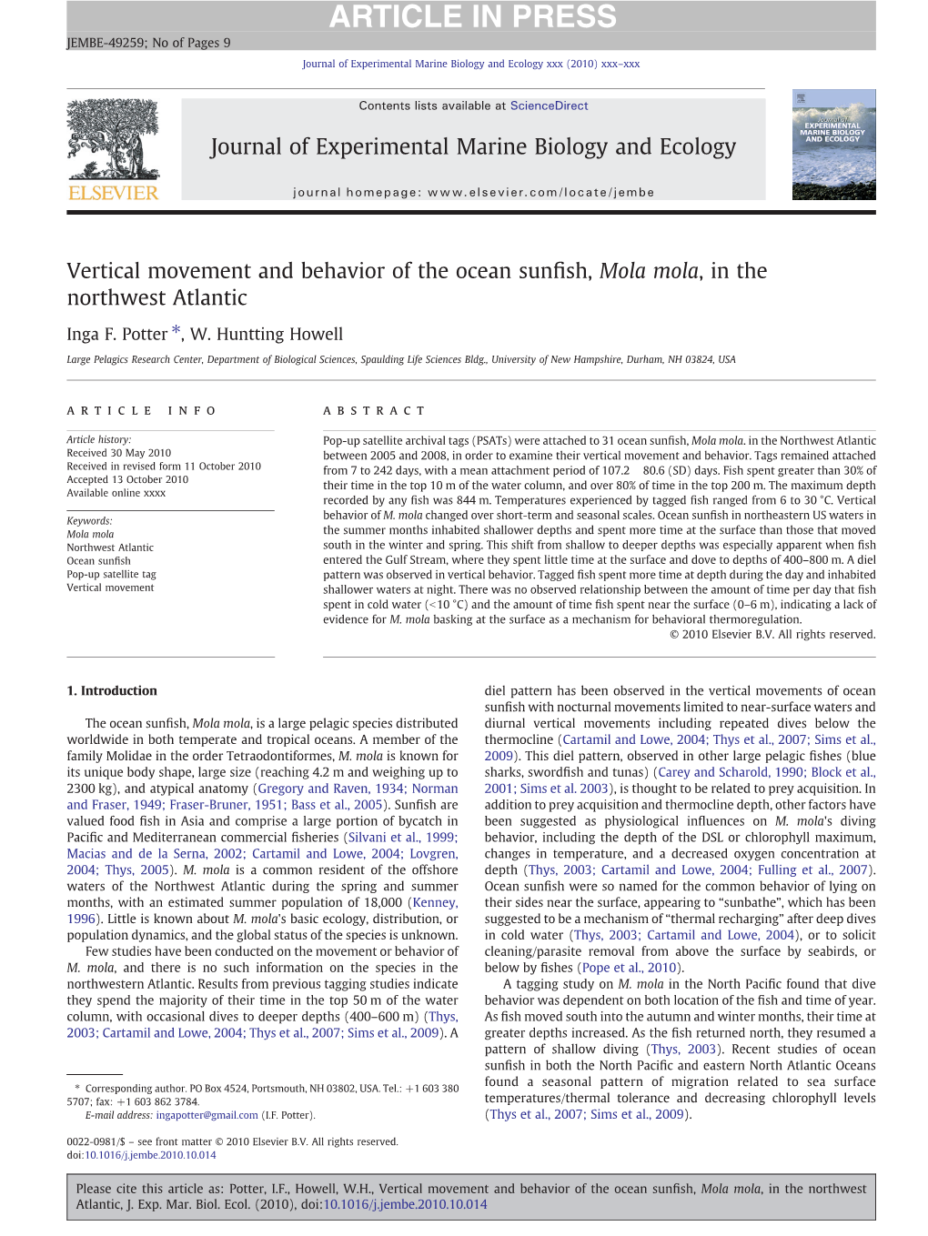 Vertical Movement and Behavior of the Ocean Sunfish, Mola Mola, in The