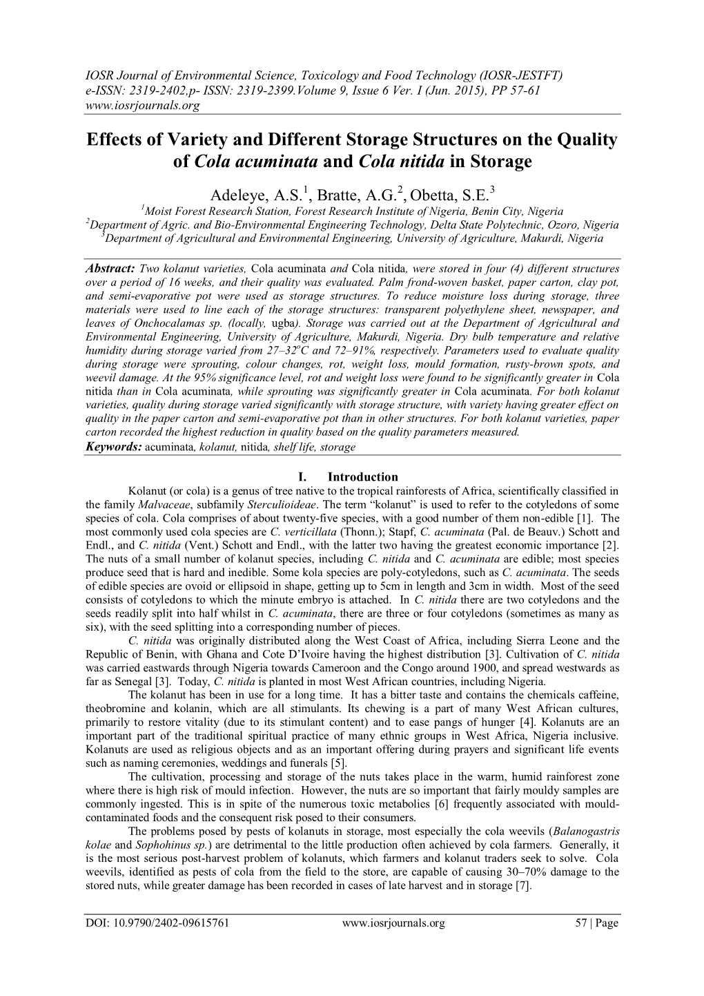 Effects of Variety and Different Storage Structures on the Quality of Cola Acuminata and Cola Nitida in Storage