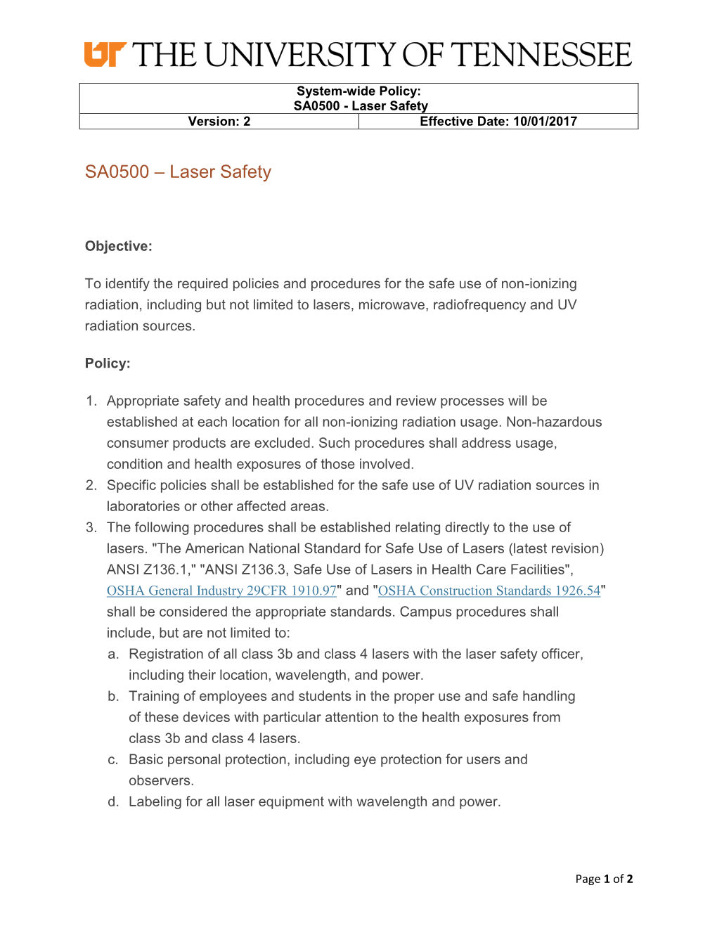 SA0500 - Laser Safety Version: 2 Effective Date: 10/01/2017