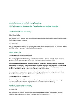 Australian Awards for University Teaching 2015 Citations for Outstanding Contributions to Student Learning