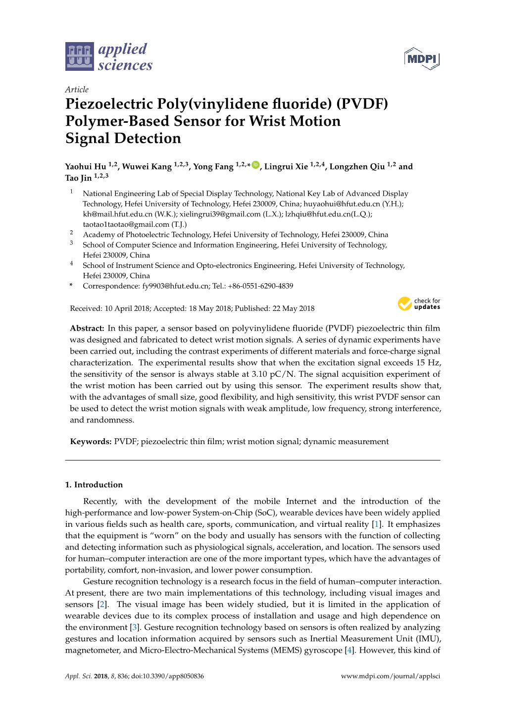 (PVDF) Polymer-Based Sensor for Wrist Motion Signal Detection
