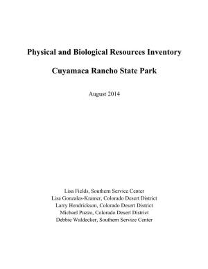 Physical and Biological Resources Inventory Cuyamaca Rancho State