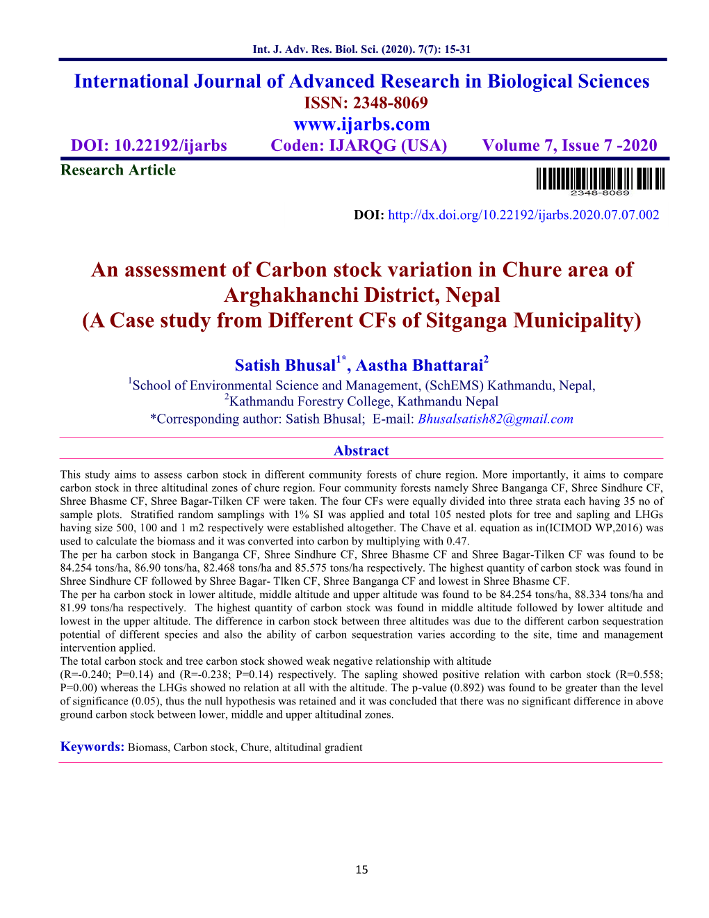 An Assessment of Carbon Stock Variation in Chure Area of Arghakhanchi District, Nepal (A Case Study from Different Cfs of Sitganga Municipality)