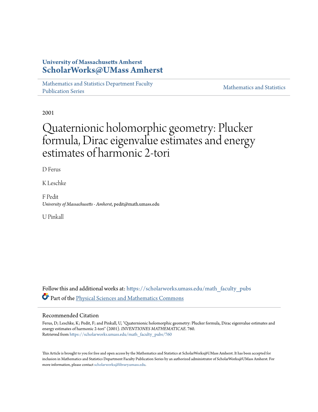 Quaternionic Holomorphic Geometry: Plucker Formula, Dirac Eigenvalue Estimates and Energy Estimates of Harmonic 2-Tori D Ferus
