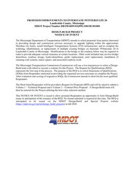 PROPOSED IMPROVEMENTS to INTERSTATE 59/INTERSTATE 20 Lauderdale County, Mississippi MDOT Project Number DB/IM-0059-03(099)/108158-301000