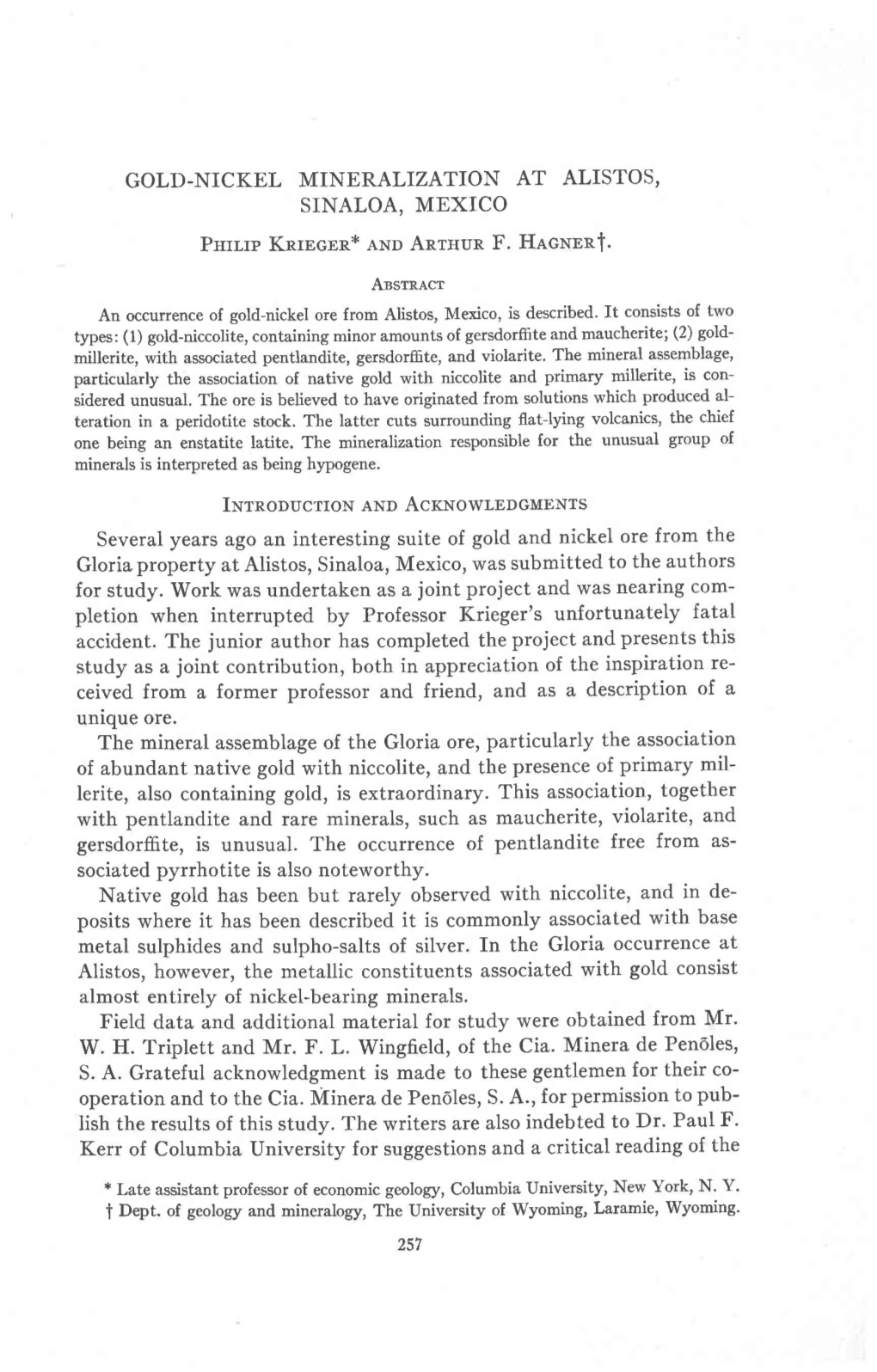 GOLD-NICKEL MINERALIZATION at ALISTOS, SINALOA, MEXICO Pnrr-Rpknrbcnn* Axp Anrsun F' Hacnrnt