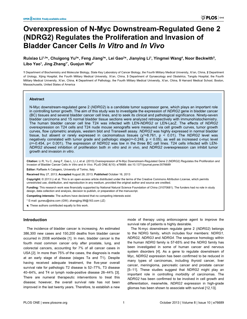 Overexpression of N-Myc Downstream-Regulated Gene 2 (NDRG2) Regulates the Proliferation and Invasion of Bladder Cancer Cells in Vitro and in Vivo