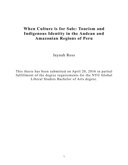 When Culture Is for Sale: Tourism and Indigenous Identity in the Andean and Amazonian Regions of Peru